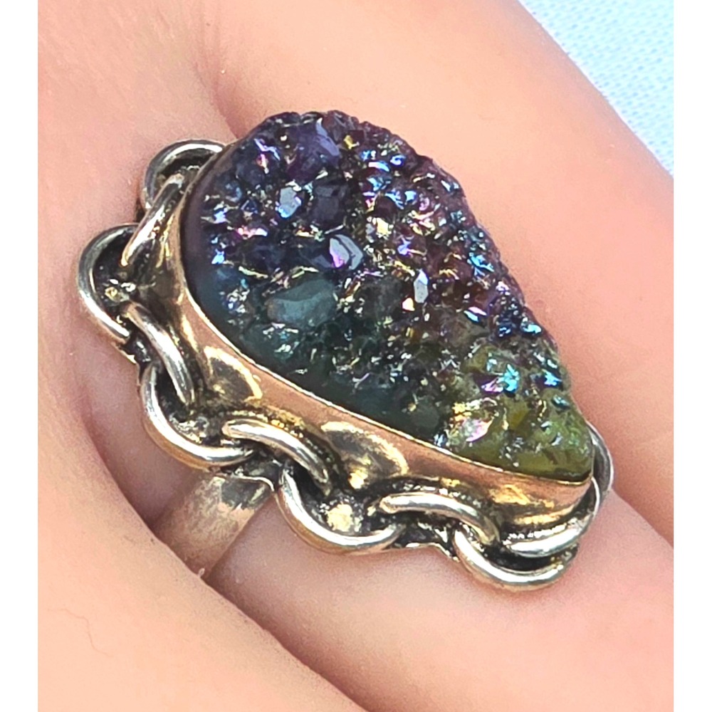 Sterling Silver Peacock Druzy Ring Size 7 Artisan Rainbow Crystal Statement Ring - Picture 1 of 9